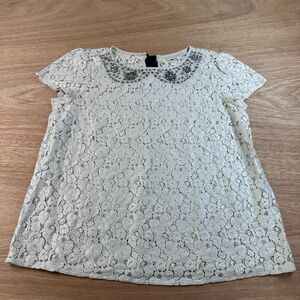 LOFT Lace Embellished Blouse Womens Medium Cream Beaded Floral Top Boho